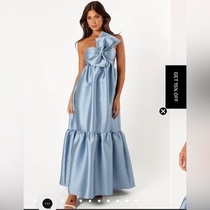 Beautiful blue Betina bow front long petal & pup dress